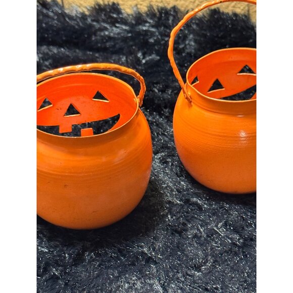 Vintage Hosley Set Of 2 Orange Metal Jack-O-Lantern Candle Halloween - Picture 3 of 5